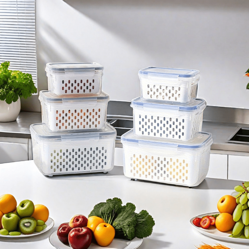 4Pcs Fruit Storage Containers for Fridge with Removable Colander | Airtight Produce Saver Containers to Keep Berries Fresh | Dishwasher Safe Food Storage Box Set with Drain Baskets