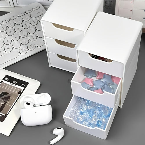 2Pcs Stackable Desktop Storage Box with 3 Drawers | Multi-Functional Cosmetic & Jewelry Organizer | Lightweight Portable Office Supplies Partition Divider Case
