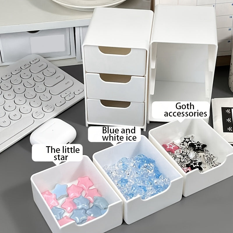 2Pcs Stackable Desktop Storage Box with 3 Drawers | Multi-Functional Cosmetic & Jewelry Organizer | Lightweight Portable Office Supplies Partition Divider Case