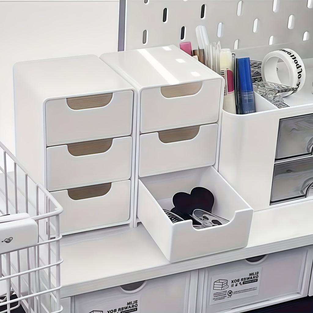 2Pcs Stackable Desktop Storage Box with 3 Drawers | Multi-Functional Cosmetic & Jewelry Organizer | Lightweight Portable Office Supplies Partition Divider Case