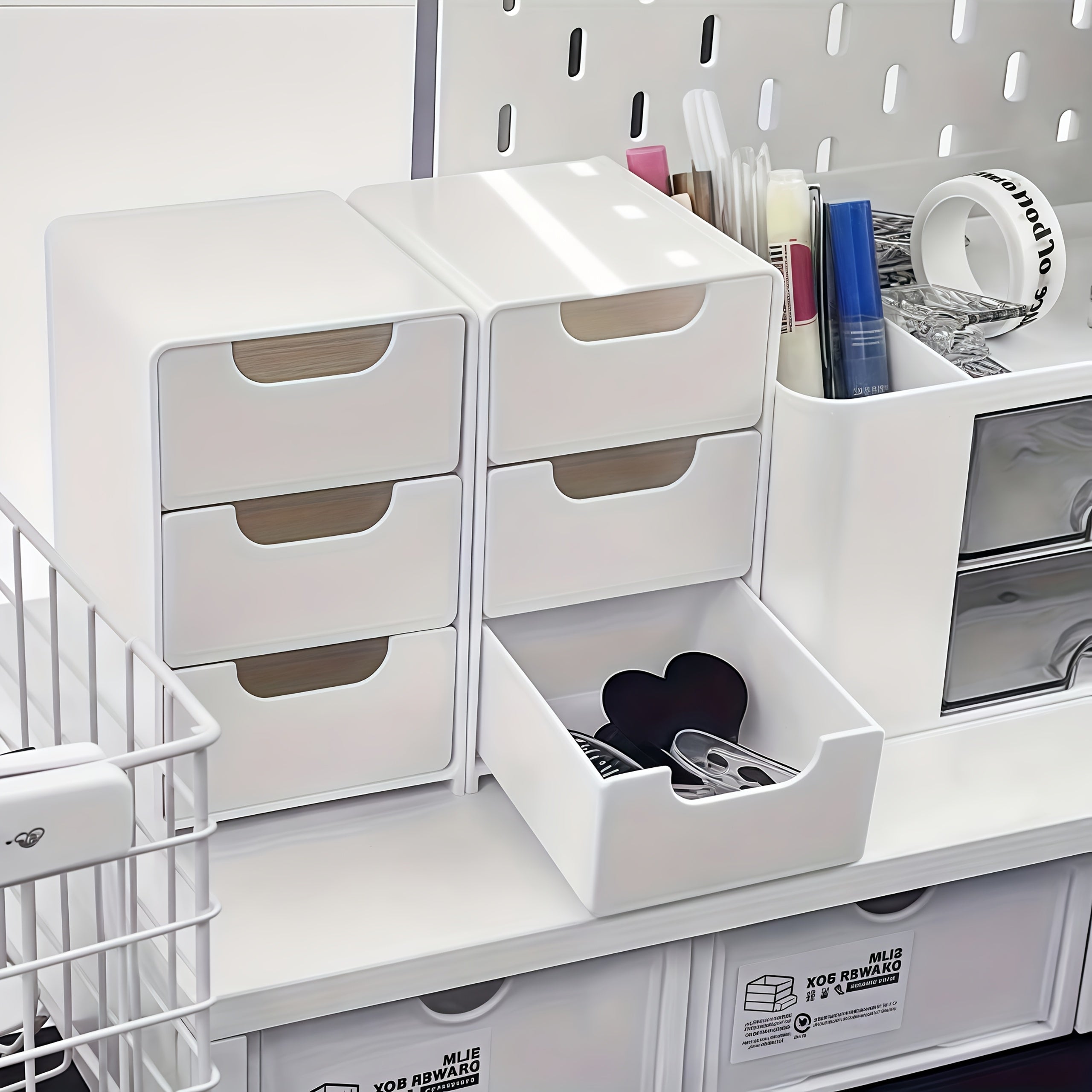 2Pcs Stackable Desktop Storage Box with 3 Drawers | Multi-Functional Cosmetic & Jewelry Organizer | Lightweight Portable Office Supplies Partition Divider Case