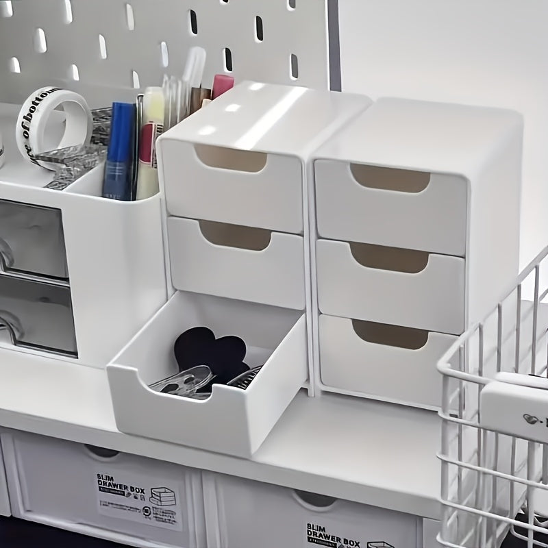 2Pcs Stackable Desktop Storage Box with 3 Drawers | Multi-Functional Cosmetic & Jewelry Organizer | Lightweight Portable Office Supplies Partition Divider Case