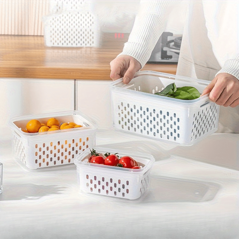 4Pcs Fruit Storage Containers for Fridge with Removable Colander | Airtight Produce Saver Containers to Keep Berries Fresh | Dishwasher Safe Food Storage Box Set with Drain Baskets